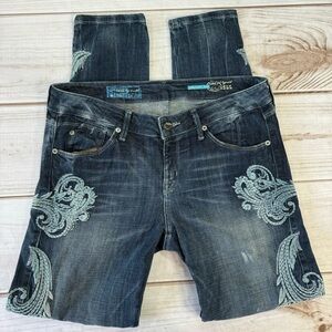 Embroidered Distressed Skinny Mid Rise Ankle Jeans by Fade To Blue Neiman Marcus